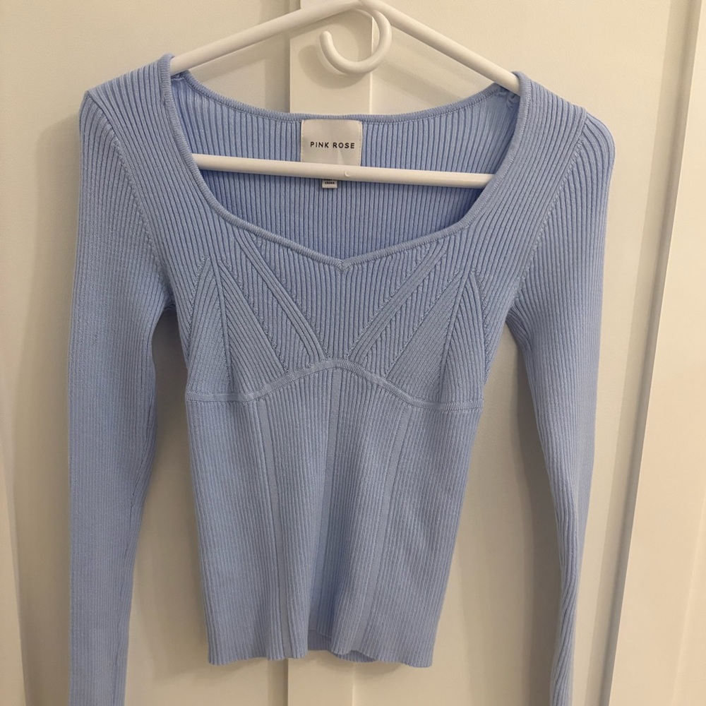 Pink Rose Sky Blue Ribbed Sweater